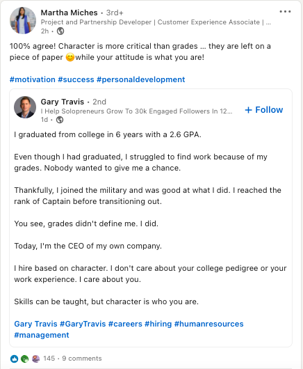 Example of LinkedIn content idea of sharing someone else\'s post, by Martha Miches.