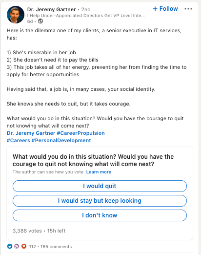 LinkedIn content idea example by Dr. Jeremy Gartner, Founder & CEO of Career Propulsion. 