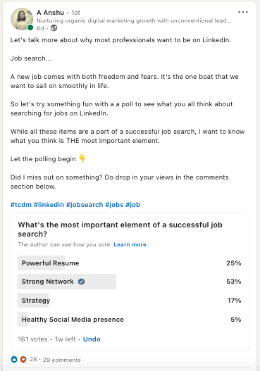 LinkedIn post idea example of creating a poll, by A Anshu, a digital marketing professional.