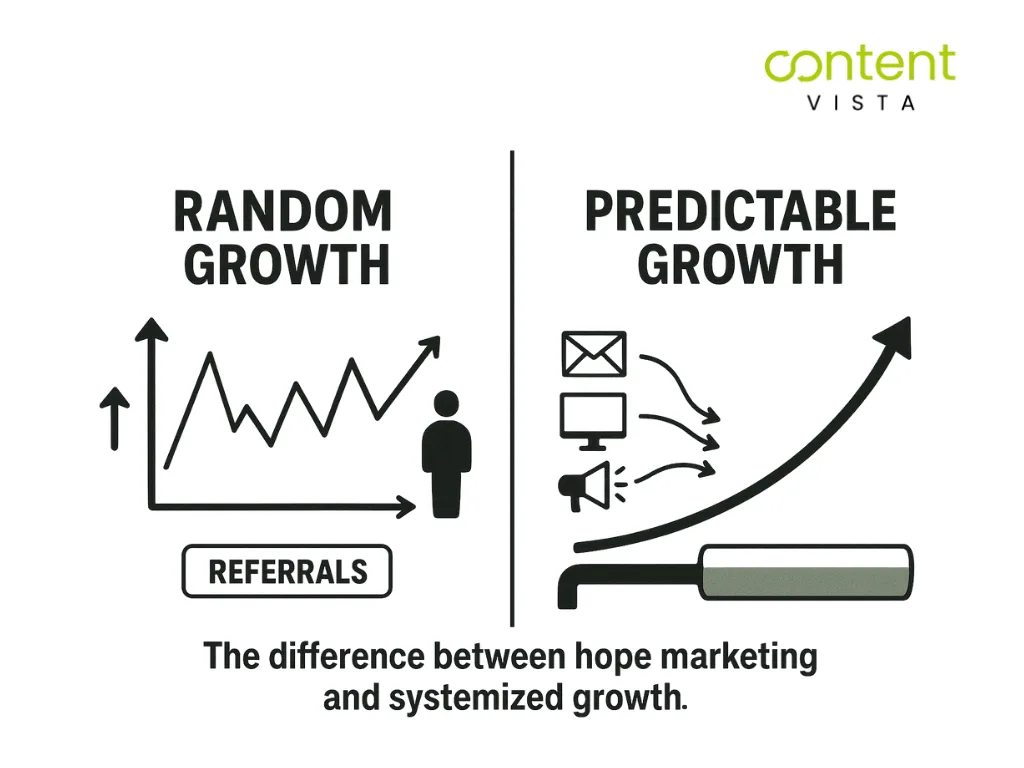 Random B2B growth from referrals vs predictable growth from systemized marketing.